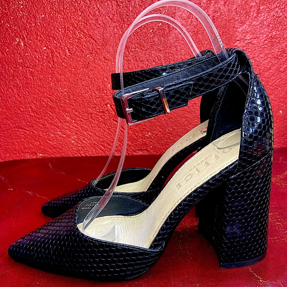 Black Snakeskin Print Office London Ankle Strap Heels Size 37 Size 7